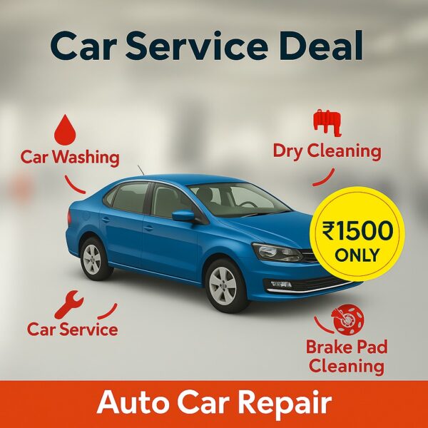 Auto car repair service deal featuring car washing, dry cleaning, brake pad cleaning, and general car service offers